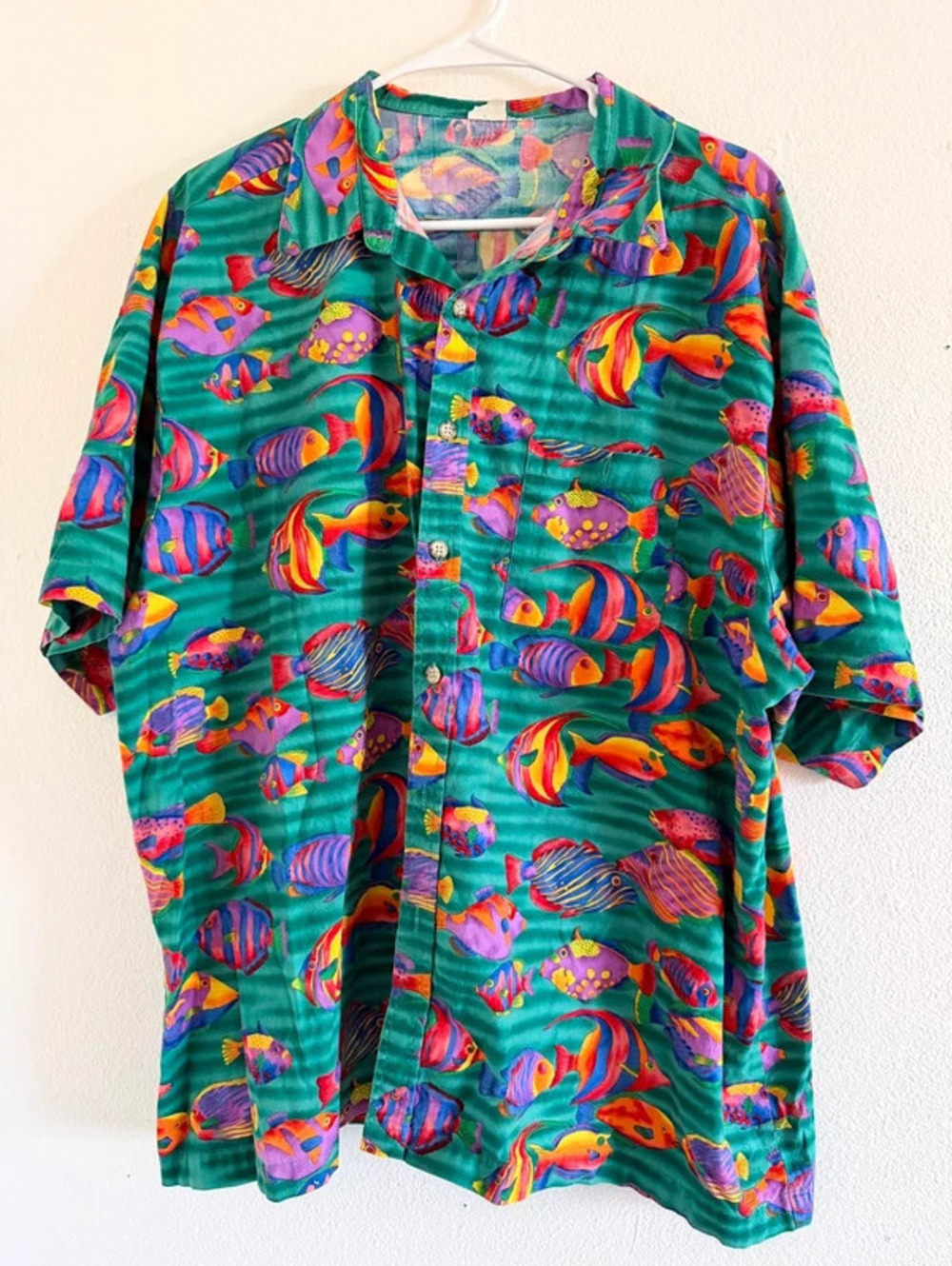 Vintage Angelica Tropical Fish Button Front Short Sleeve Shirt size XL sku1117